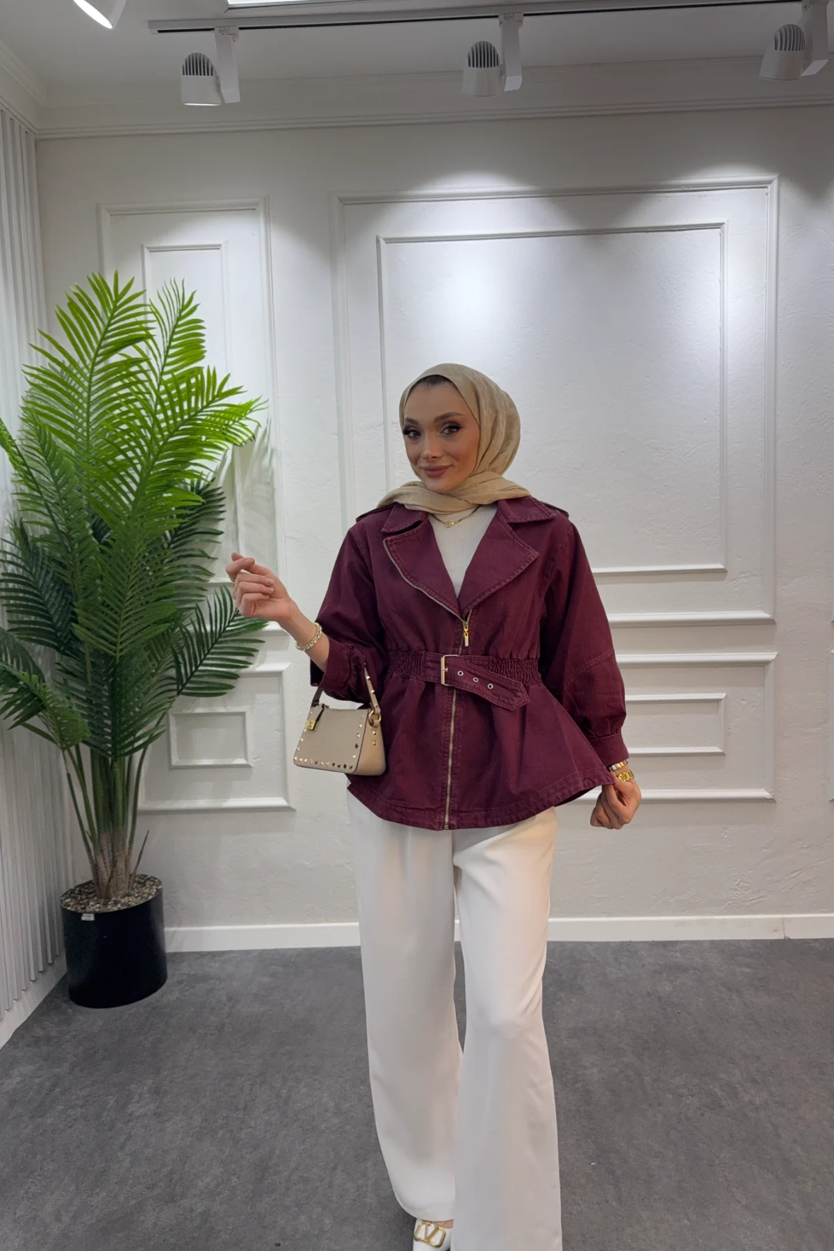 Balon Kol Denim Ceket Bordo