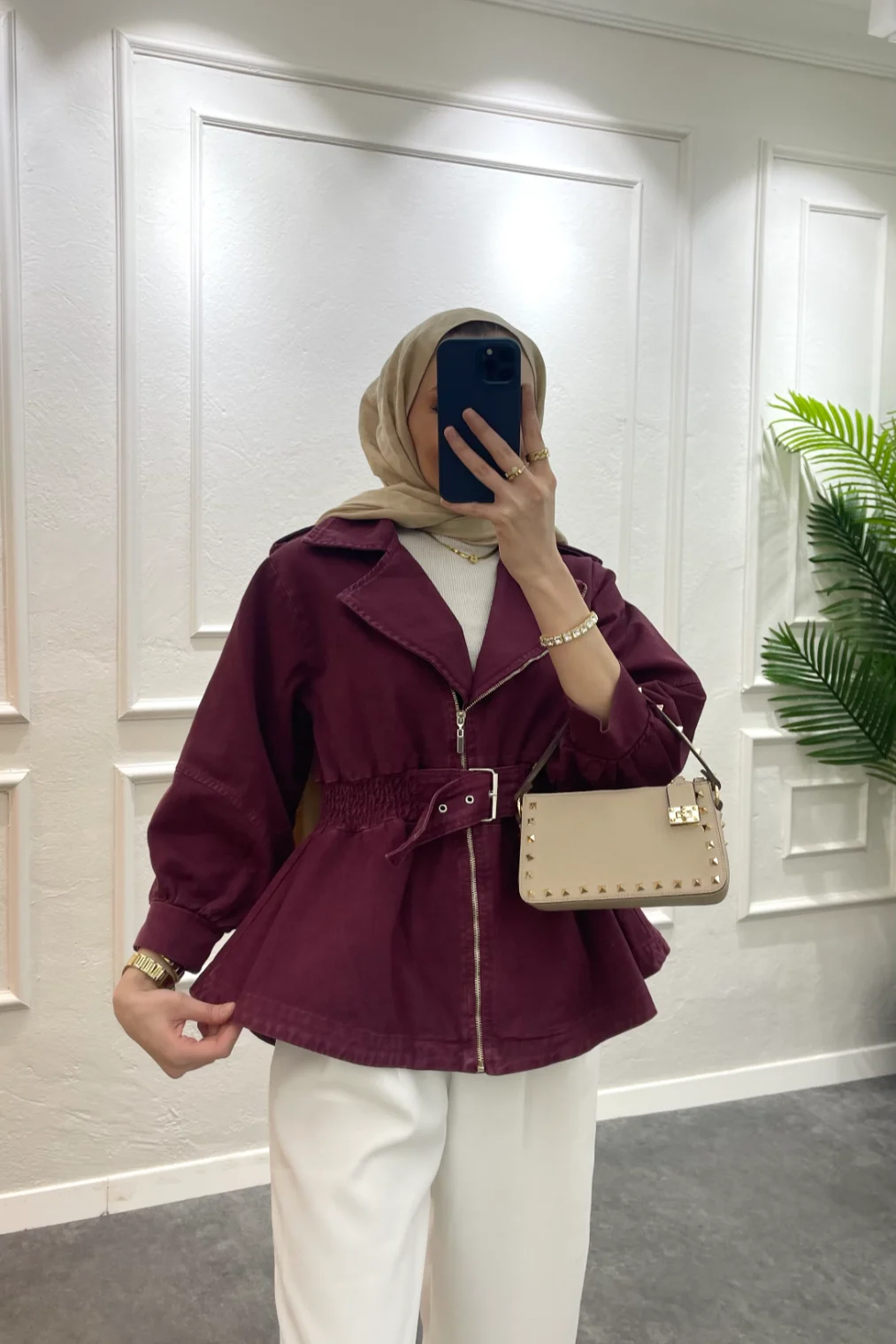 Balon Kol Denim Ceket Bordo - Resim 3