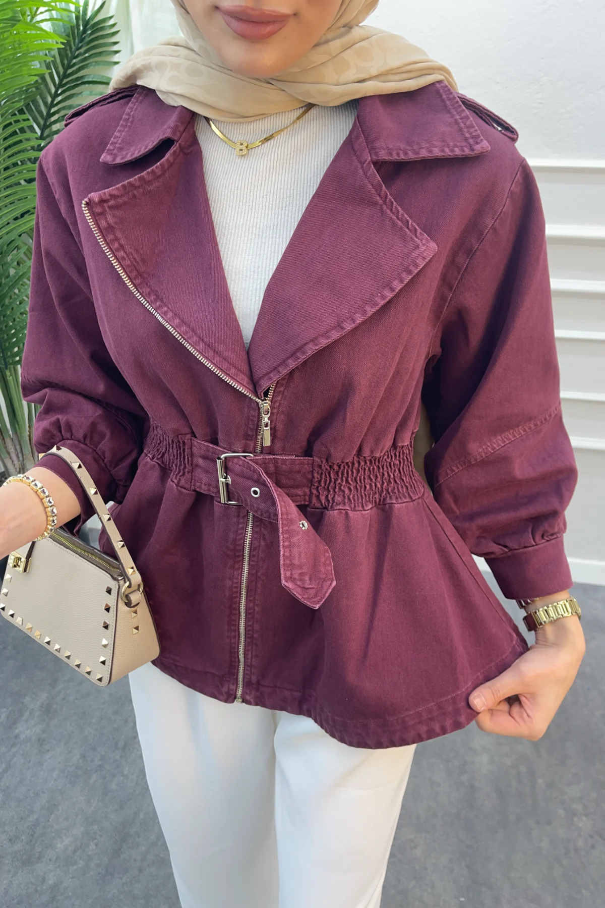 Balon Kol Denim Ceket Bordo - Resim 4