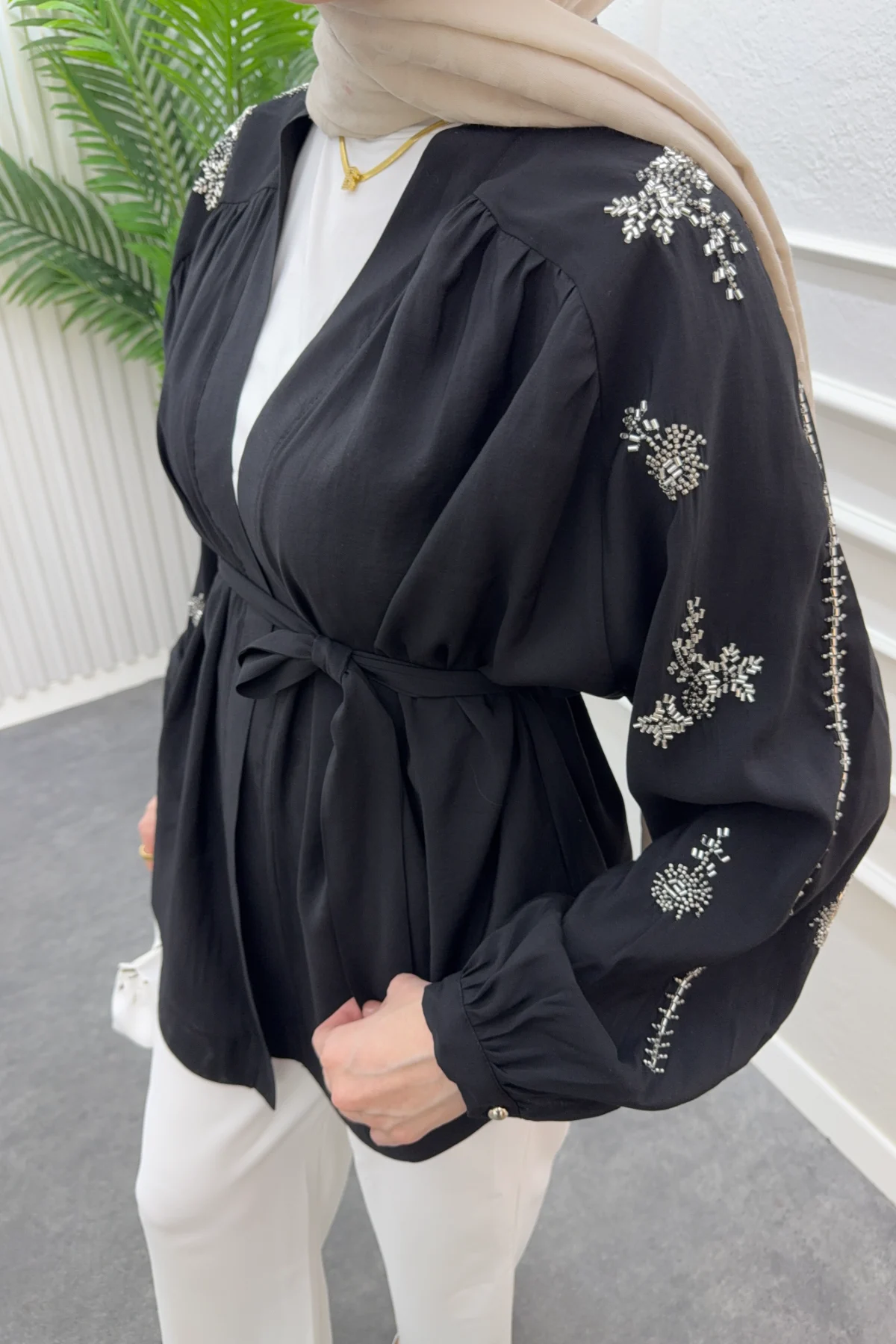 Taş Detaylı Kimono Siyah - Resim 4