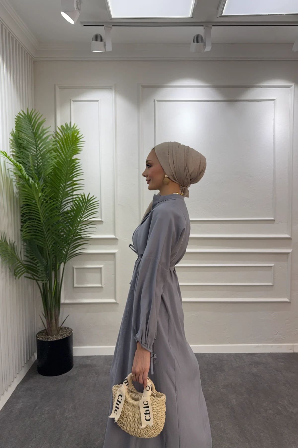 Nervür Dikiş Detaylı Elbise - Gri - Resim 2