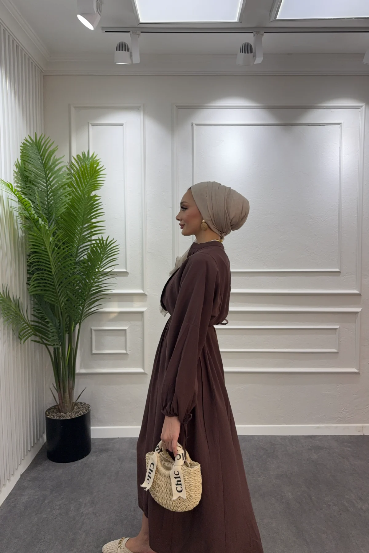 Nervür Dikiş Detaylı Elbise - Kahve - Resim 2