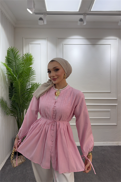 Nervur dikiş detaylı gömlek pembe