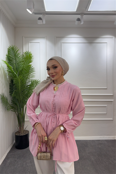 Nervur dikiş detaylı gömlek pembe - Resim 3
