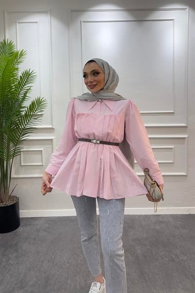 Vera pembe poplin gömlek - Resim 3