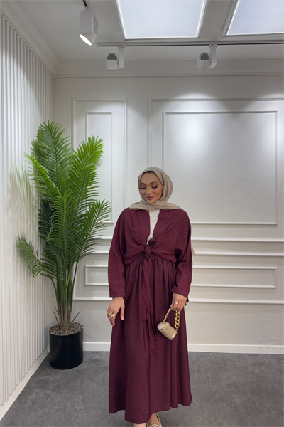 Bağlamalı taşlı etekli takım bordo