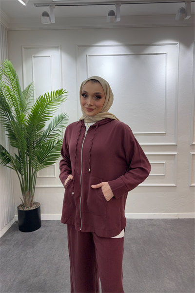 Kapuşonlu eşfoman takım bordo