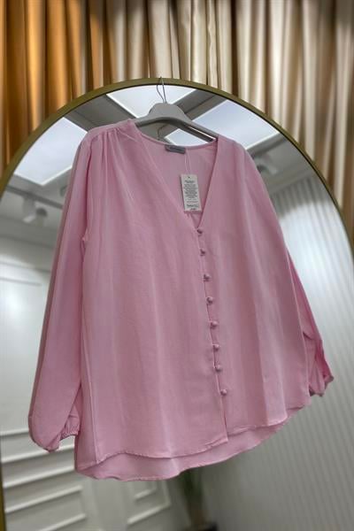 Brit düğmeli bluz pembe