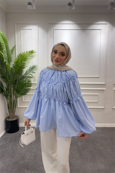 Reglan minik çiçek detaylı bluz mavi