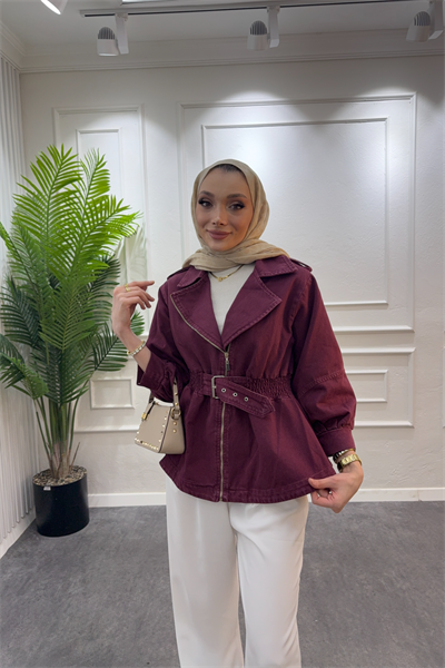 Balon kol denim ceket bordo