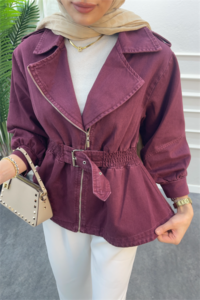Balon kol denim ceket bordo - Resim 2