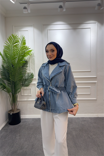 Balon kol denim ceket mavi - Resim 2