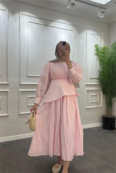 Vual seyyar kuşaklı krasli elbise pembe