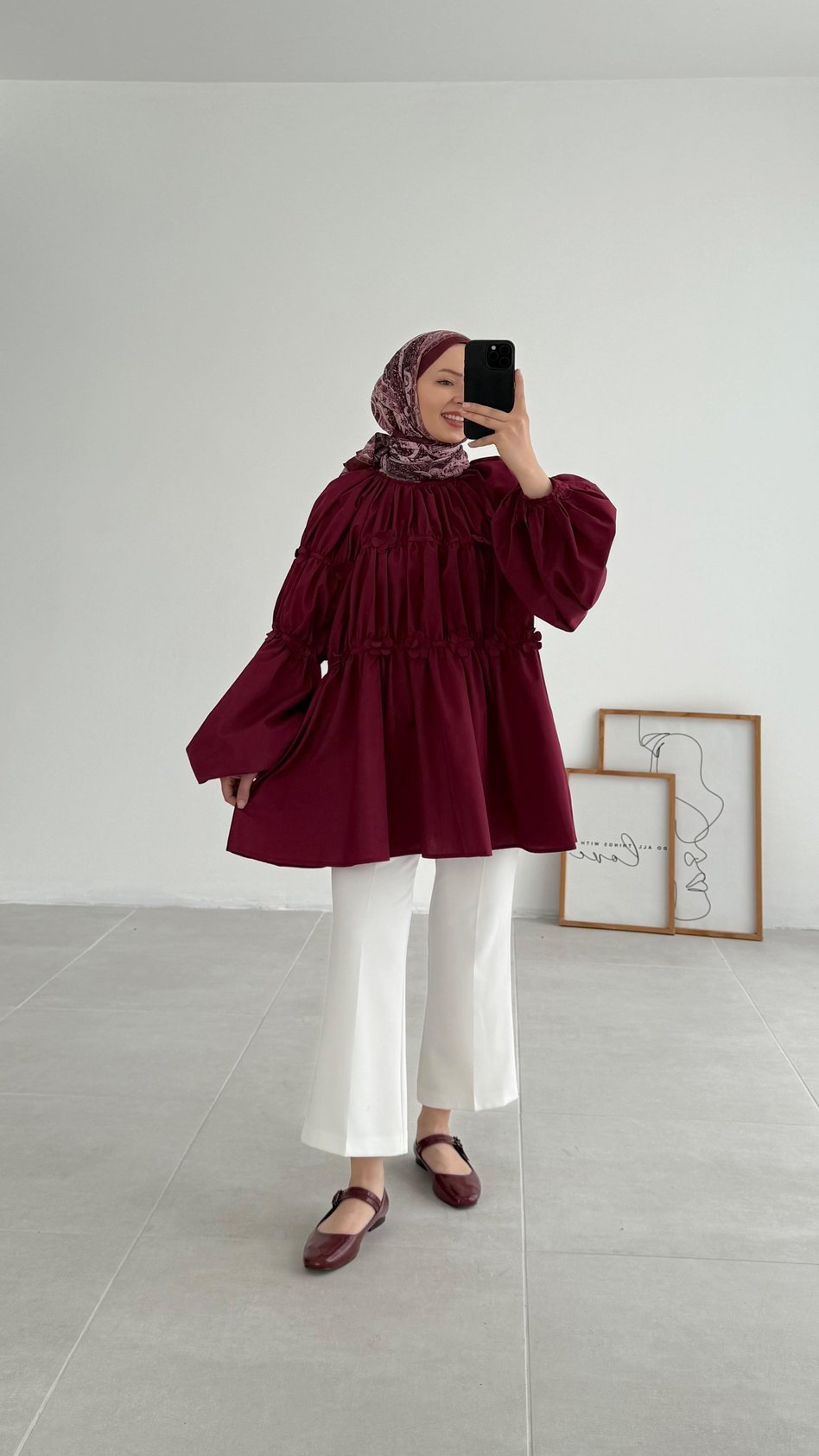Reglan Minik Çiçek Detaylı Bordo Bluz - Resim 2