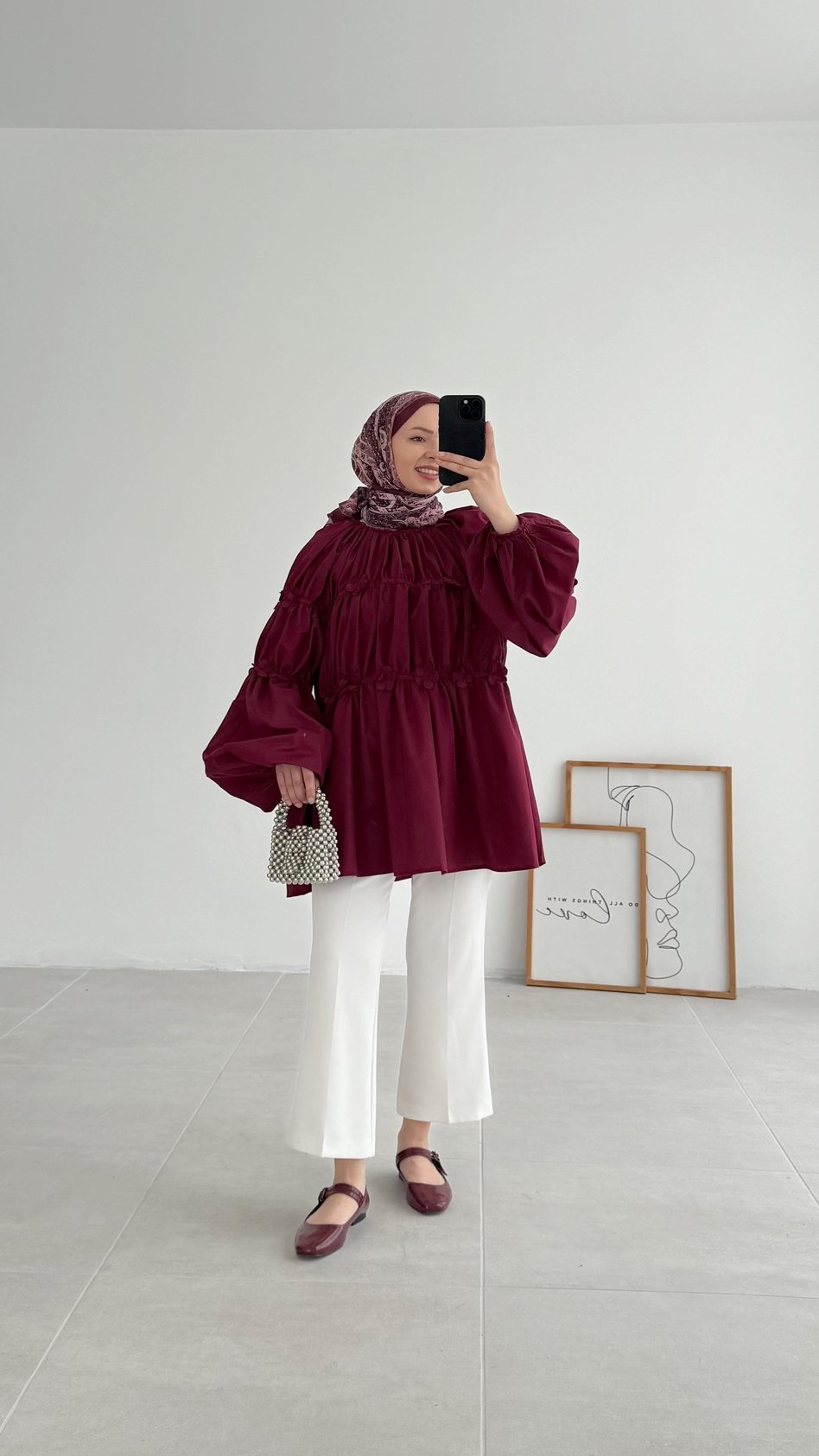 Reglan Minik Çiçek Detaylı Bordo Bluz - Resim 3