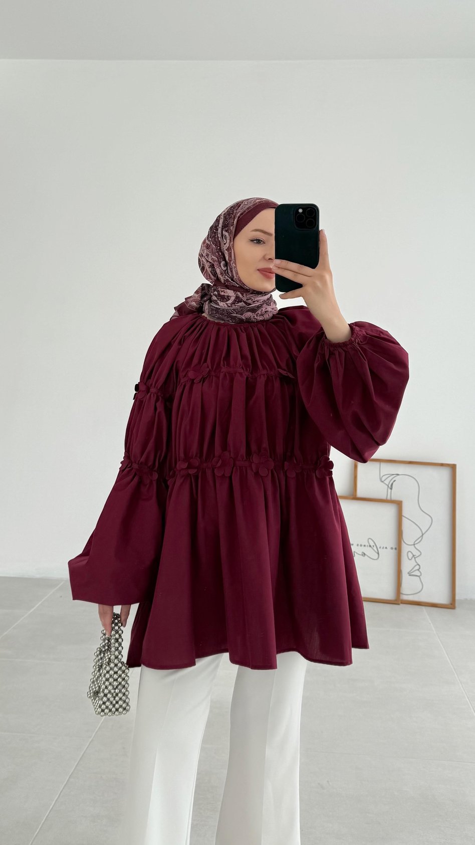 Reglan Minik Çiçek Detaylı Bordo Bluz - Resim 4
