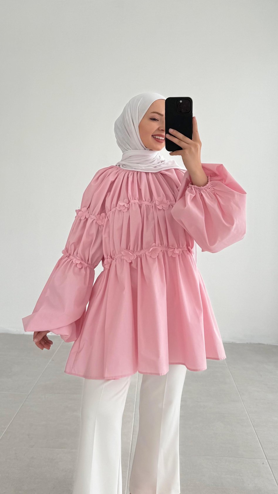 Reglan Minik Çiçek Detaylı Pembe Bluz - Resim 2