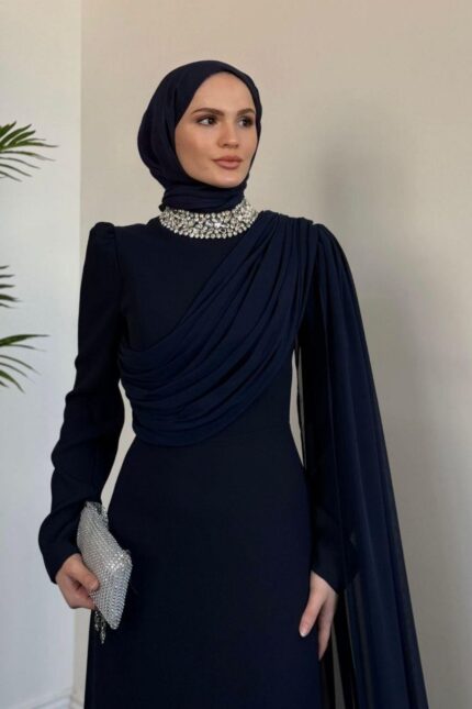 Olara Yandan Pelerinli Abiye - Lacivert - Resim 2