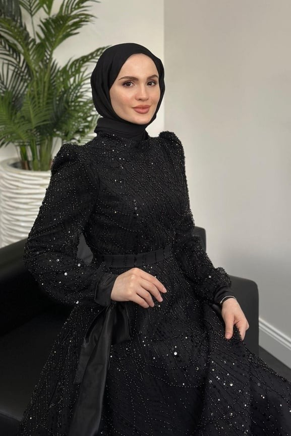 Victoria Kolu Fiyonk Boncuk İşlemeli Abiye Siyah - Resim 3