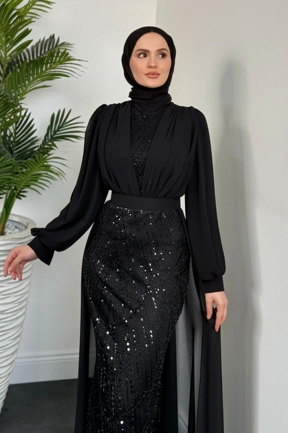 Stella Boncuk İşlemeli Pelerinli Abiye Siyah - Resim 2