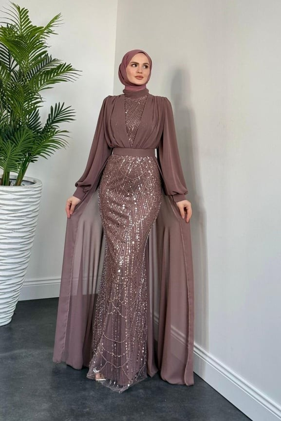 Stella Boncuk İşlemeli Pelerinli Abiye Gül Kurusu - Resim 2