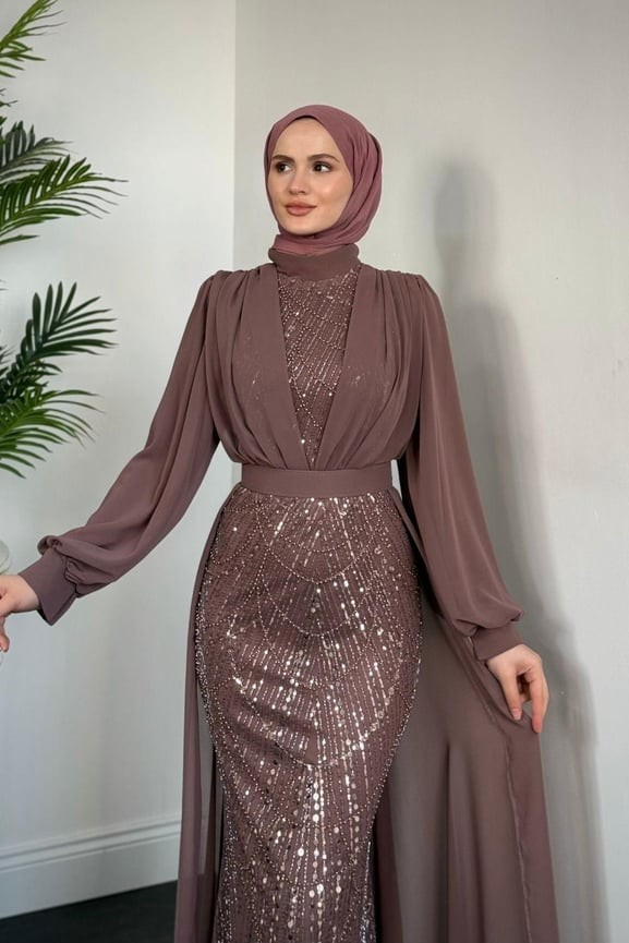 Stella Boncuk İşlemeli Pelerinli Abiye Gül Kurusu - Resim 3