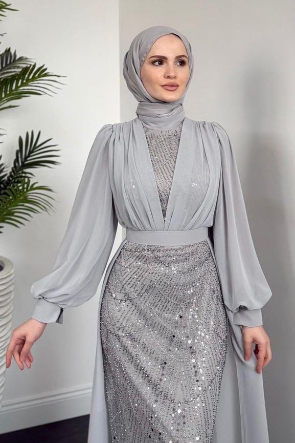 Stella Boncuk İşlemeli Pelerinli Abiye Gri - Resim 2