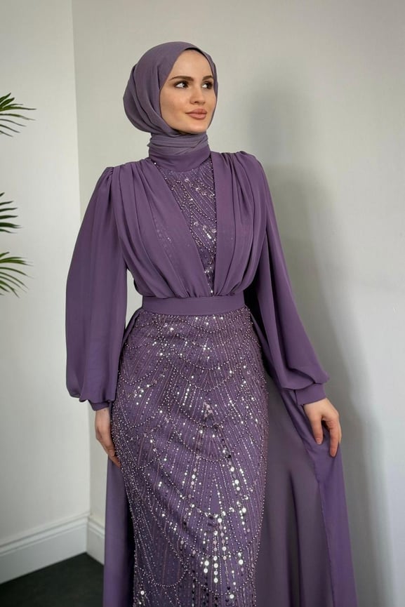 Stella Boncuk İşlemeli Pelerinli Abiye Lila - Resim 2