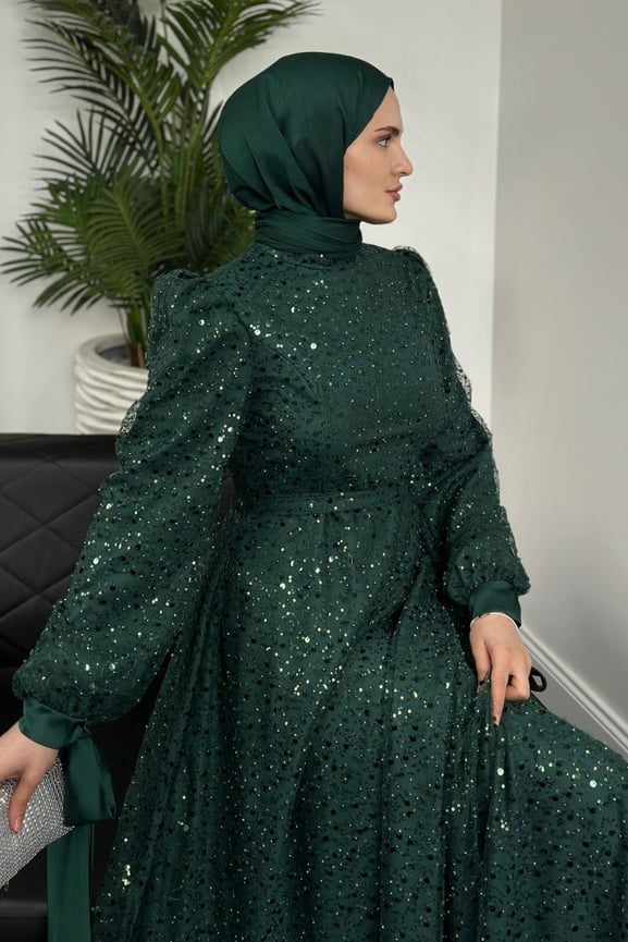 Hilly Kolları Fiyonk Saten Abiye Zümrüt - Resim 2