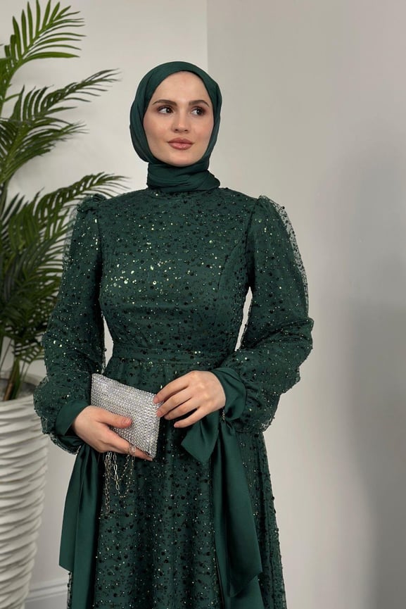 Hilly Kolları Fiyonk Saten Abiye Zümrüt - Resim 3