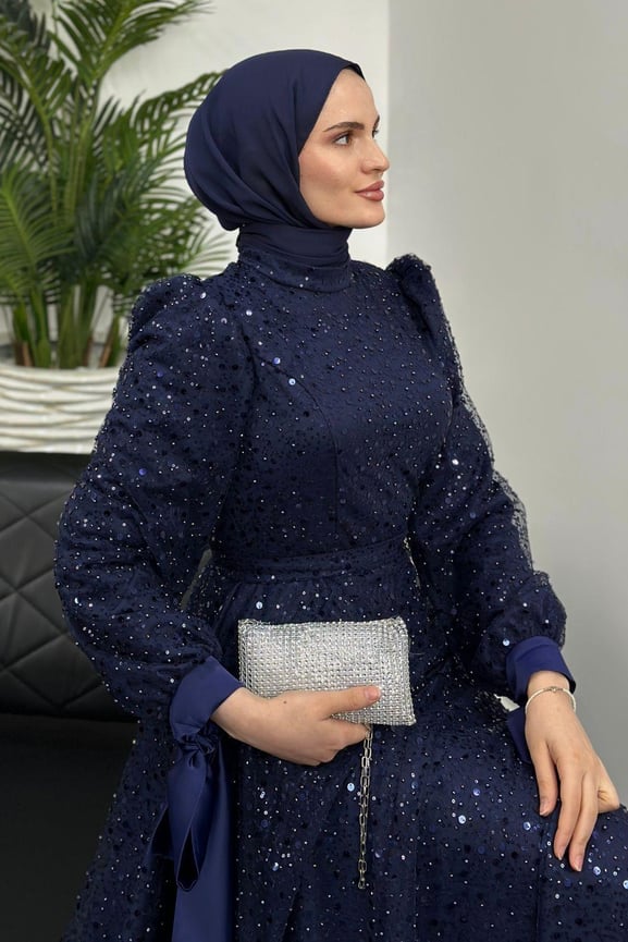 Hilly Kolları Fiyonk Saten Abiye Lacivert - Resim 2