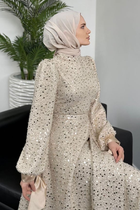 Hilly Kolları Fiyonk Saten Abiye Krem - Resim 2