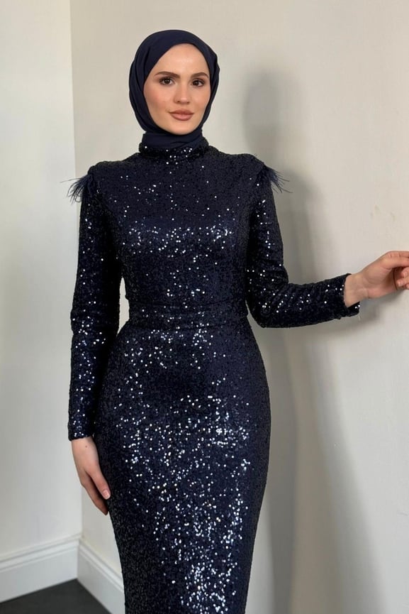 Lalin Payetli Balık Abiye Lacivert - Resim 4