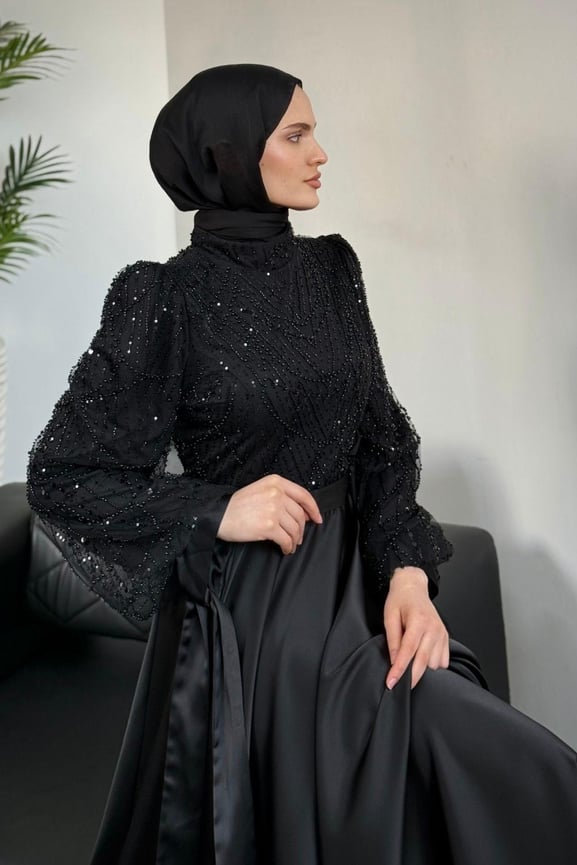 Elena Üstü Payetli Saten Abiye Siyah - Resim 3
