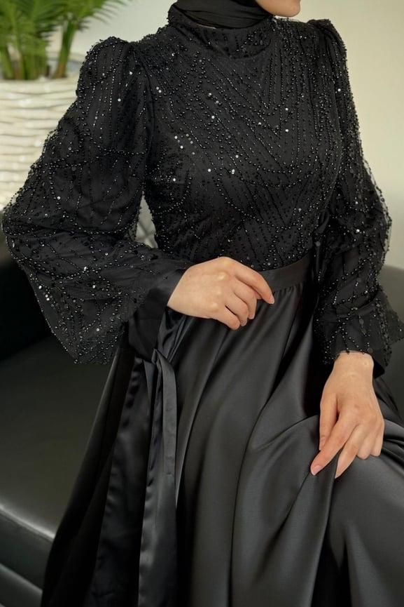 Elena Üstü Payetli Saten Abiye Siyah - Resim 4