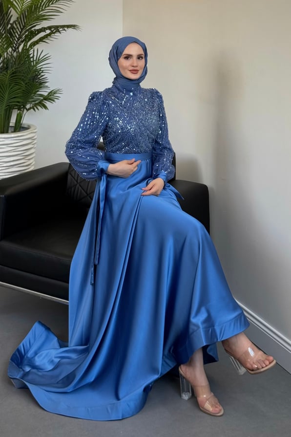 Elena Üstü Payetli Saten Abiye Mavi - Resim 2