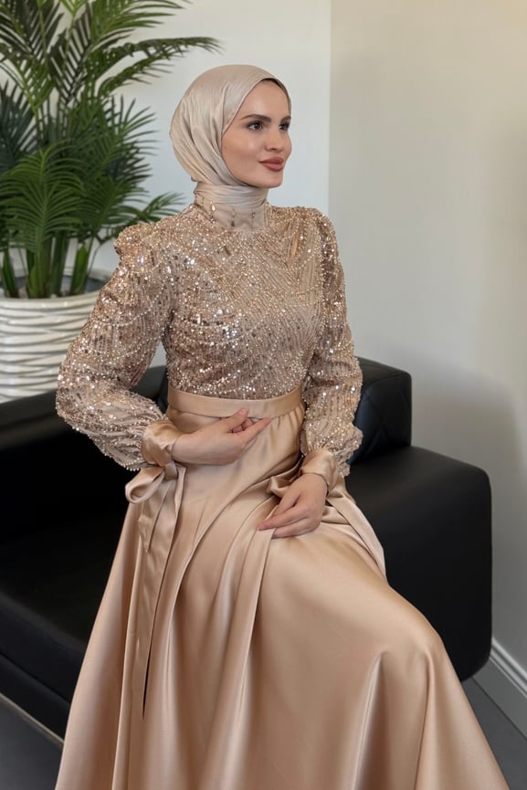 Elena Üstü Payetli Saten Abiye Gold - Resim 3