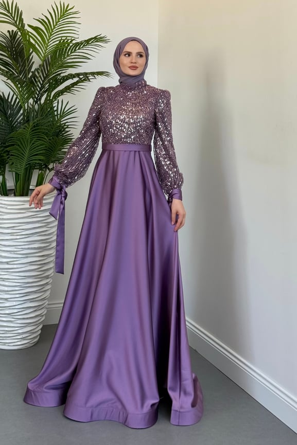 Elena Üstü Payetli Saten Abiye Lila - Resim 2