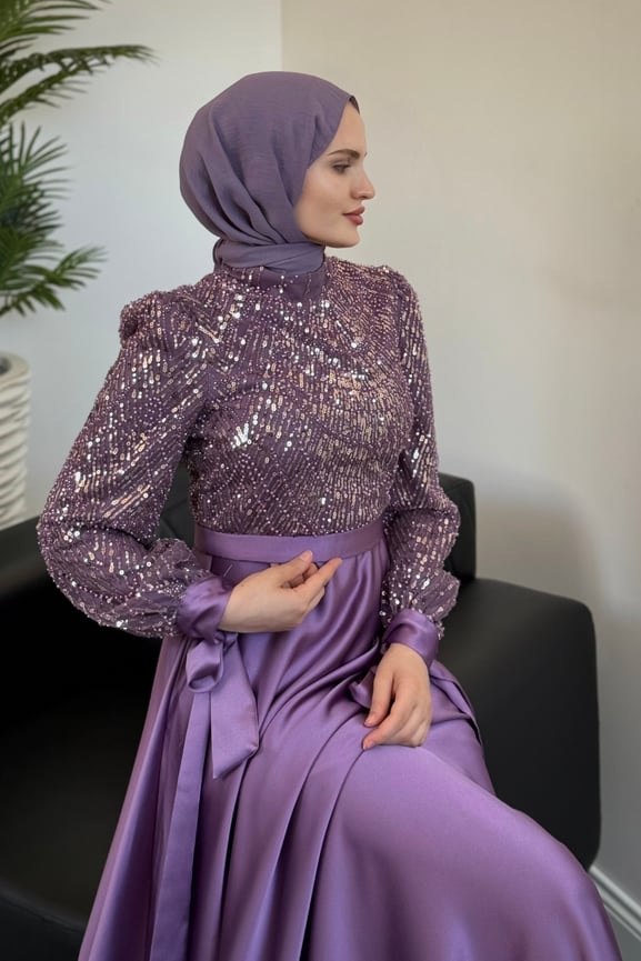 Elena Üstü Payetli Saten Abiye Lila - Resim 3