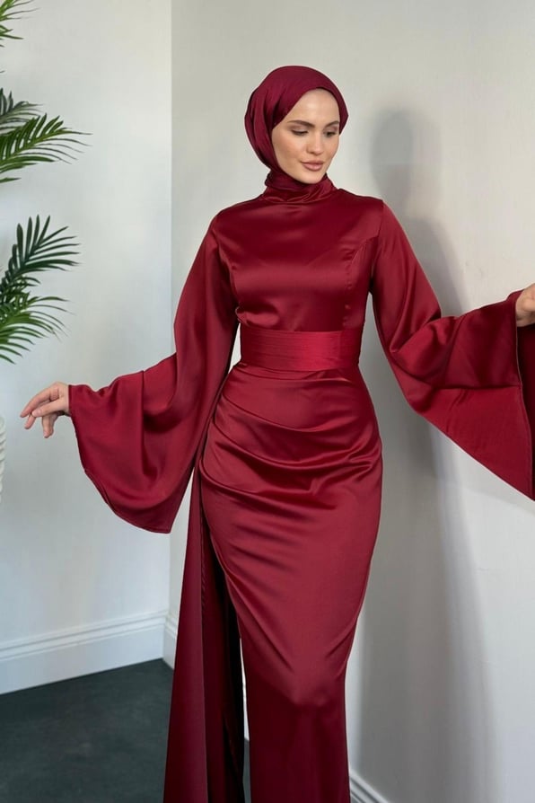 Arabella Pelerinli Saten Balık Abiye Bordo - Resim 2