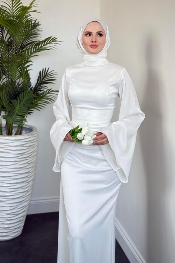 Arabella Pelerinli Saten Balık Abiye Beyaz - Resim 2