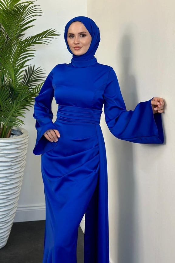 Arabella Pelerinli Saten Balık Abiye Saks - Resim 2