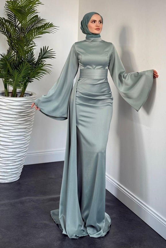 Arabella Pelerinli Saten Balık Abiye Mint - Resim 2