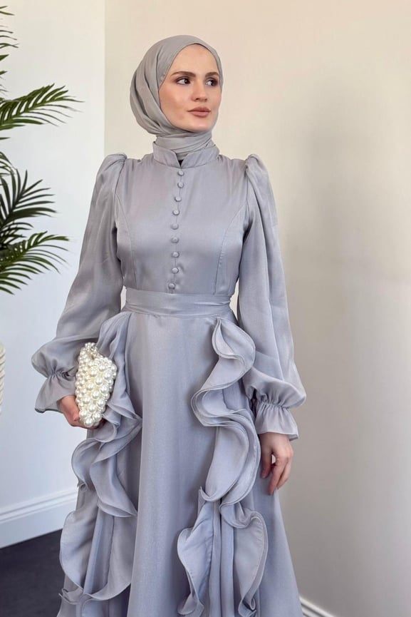 Samira Fırfırlı Janjan Abiye Gri - Resim 2