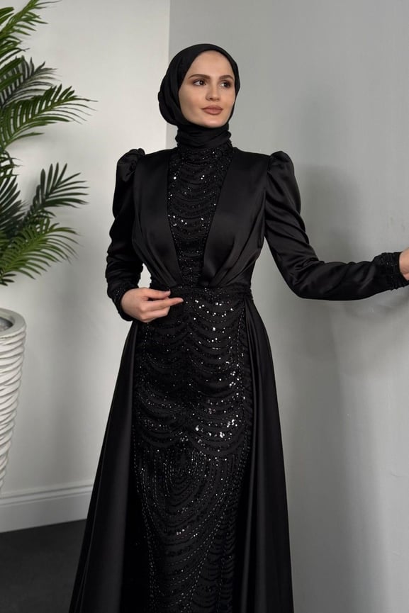 Gabriella Pelerinli Saten Abiye Siyah - Resim 3