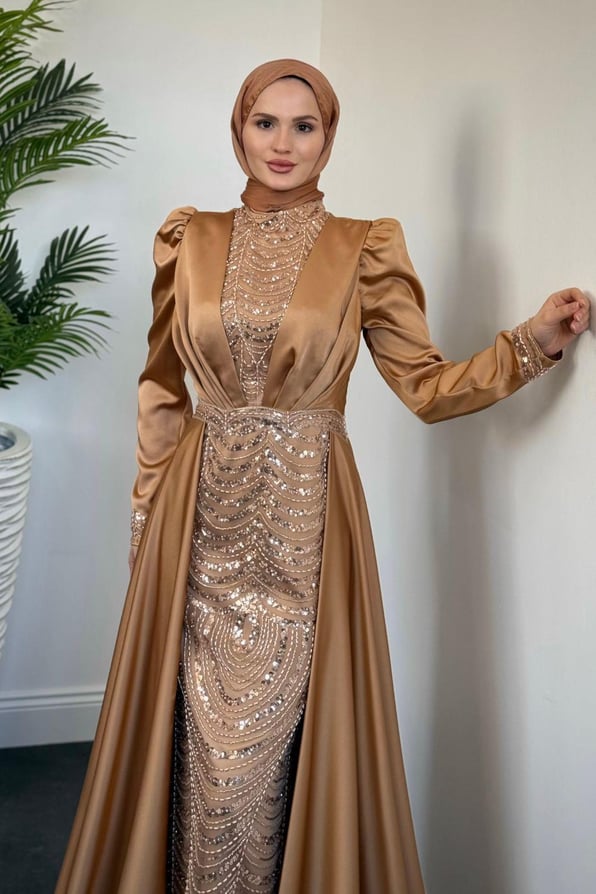 Gabriella Pelerinli Saten Abiye Gold - Resim 2
