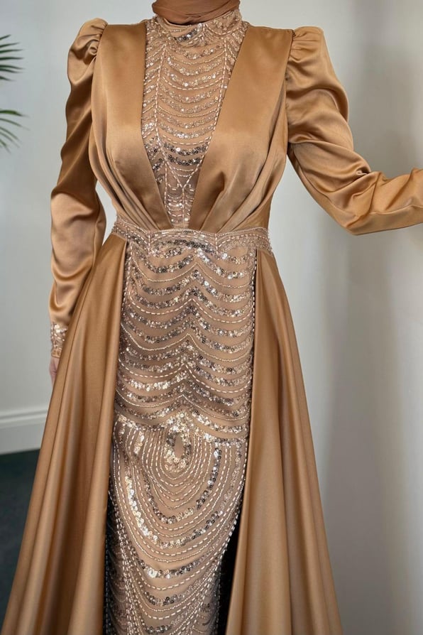 Gabriella Pelerinli Saten Abiye Gold - Resim 3