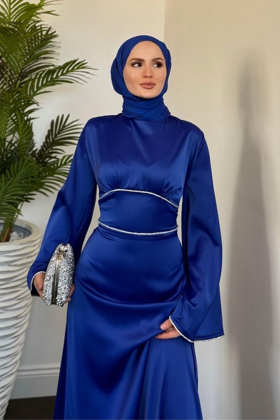 Vlasi Kolu Ve Beli Baget Taşlı Saten Abiye Saks - Resim 2