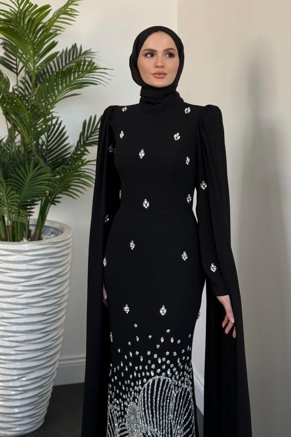 Farah Kolları Pelerinli Abiye Siyah - Resim 3