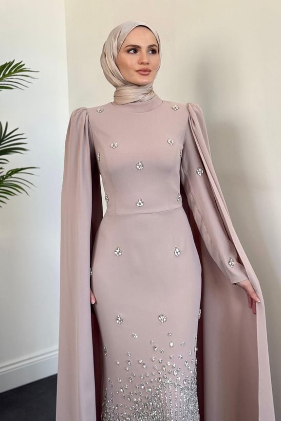 Farah Kolları Pelerinli Abiye Bej - Resim 3